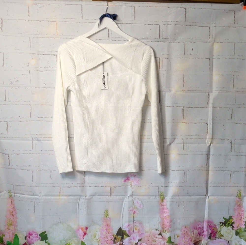 Zeagoo White Ribbed Crew Neck Sweater
